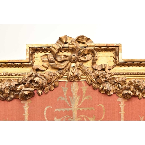 387 - A French giltwood Empire style three-fold room screen Late 19th century, each panel with moulded fra... 