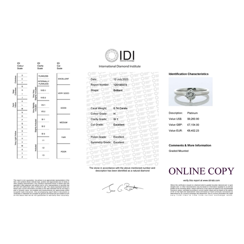 46 - A 0.74 carat diamond set in a platinum twist top claw setting. This diamond ring would make a stunni... 