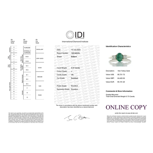 5 - A dazzling green oval emerald weighing 0.73 carats is set between two round brilliant cut diamonds. ... 