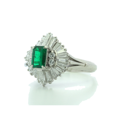 54 - One emerald shaped emerald is surrounded by a marquise shaped cluster of mixed cut diamonds. Ring si... 