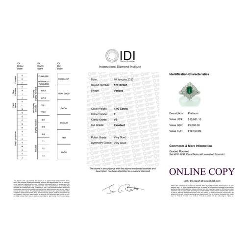 54 - One emerald shaped emerald is surrounded by a marquise shaped cluster of mixed cut diamonds. Ring si... 