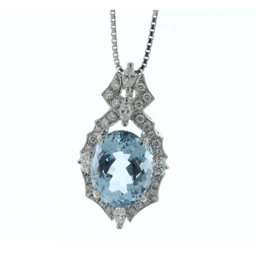 56 - A huge oval aquamarine gemstone with a weight of 5.50 carats is surrounded by a halo of diamonds in ... 