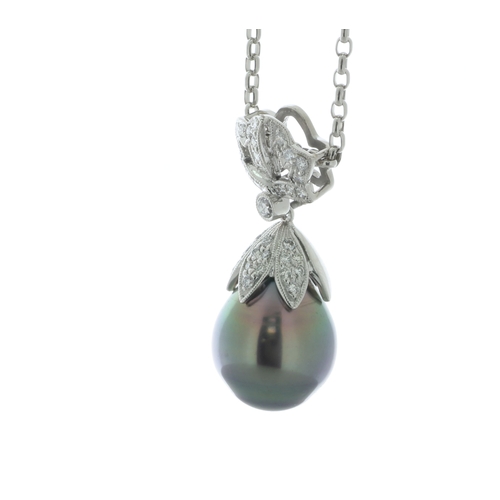 58 - A rare tear-drop shape Tahiti pearl sits beneath a pixie hat style cluster of round brilliant cut di... 