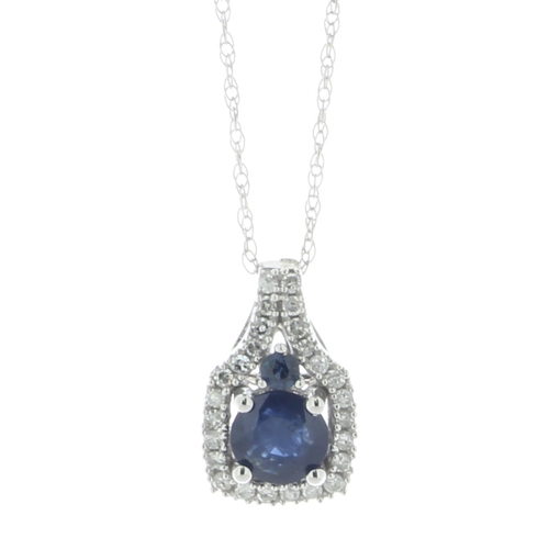 61 - One round brilliant cut sapphire with a smaller sapphire sitting above it is surrounded by a halo of... 