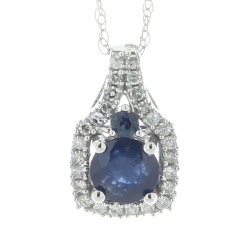 61 - One round brilliant cut sapphire with a smaller sapphire sitting above it is surrounded by a halo of... 