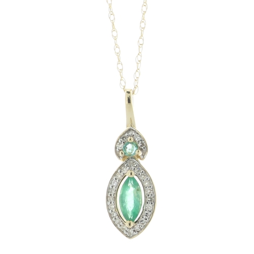 62 - One marquise shaped emerald is surrounded by a halo of twenty single cut diamonds with a diamond set... 