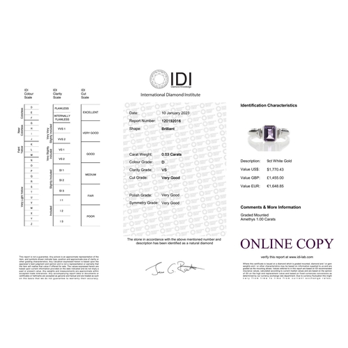 85 - An emerald shaped amethyst 1.00 carats is rub over set with two diamonds in the shoulders of this 9c... 