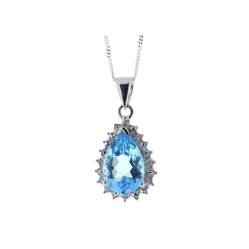 96 - A pear shaped blue topaz gemstone is surrounded by a halo of diamonds. This 9ct white gold pendant i... 