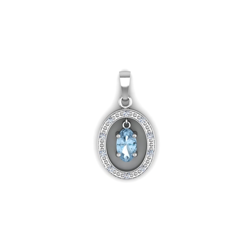 97 - One oval blue topaz gemstone 0.25 carats dangles in the centre of an oval halo set with ten round br... 