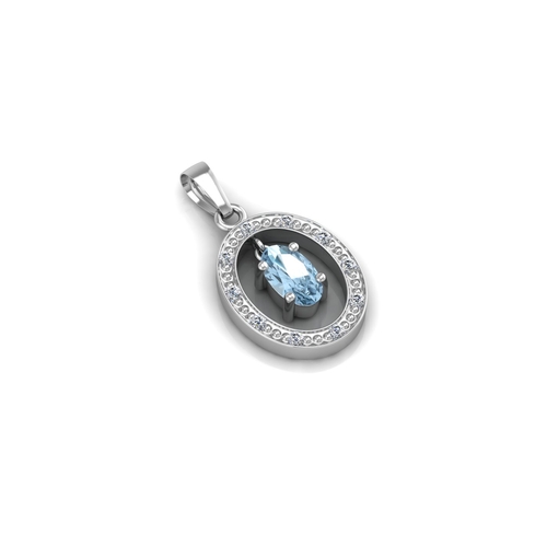 97 - One oval blue topaz gemstone 0.25 carats dangles in the centre of an oval halo set with ten round br... 