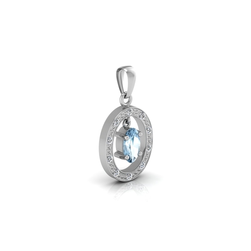 97 - One oval blue topaz gemstone 0.25 carats dangles in the centre of an oval halo set with ten round br... 