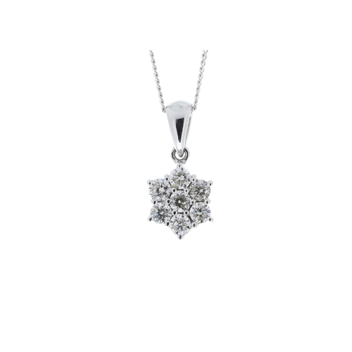 98 - Seven round brilliant cut diamonds are set in a flower design on this 9ct white gold pendant and bal... 