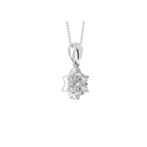 98 - Seven round brilliant cut diamonds are set in a flower design on this 9ct white gold pendant and bal... 