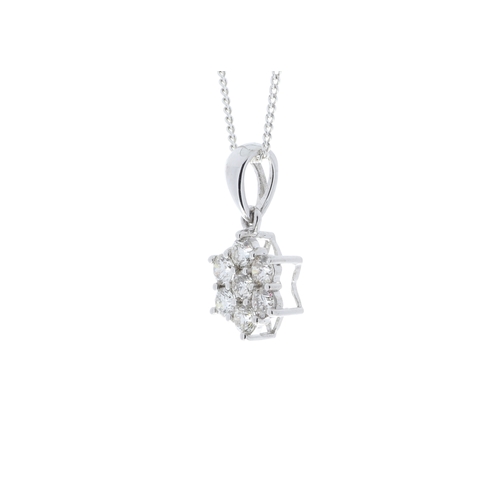 98 - Seven round brilliant cut diamonds are set in a flower design on this 9ct white gold pendant and bal... 