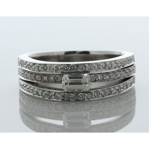 18ct white gold triple band ring set with a central emerald cut diamond ...