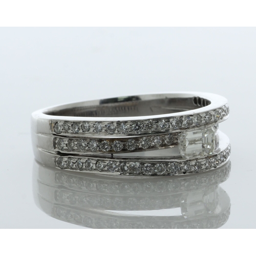 18ct white gold triple band ring set with a central emerald cut diamond ...