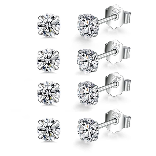 42 - 925 Sterling Silver Stud Earrings for Women - 4 Pairs Round Cut Cubic Zirconia Stud Earrings Hypoall... 