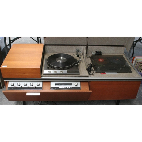 129 - A GARRARD 401 DECK IN TEAK STEREOGRAM CABINET WITH LEAK AMPLIFIER & TUNER, A TANDBERG SERIES 6X REEL... 