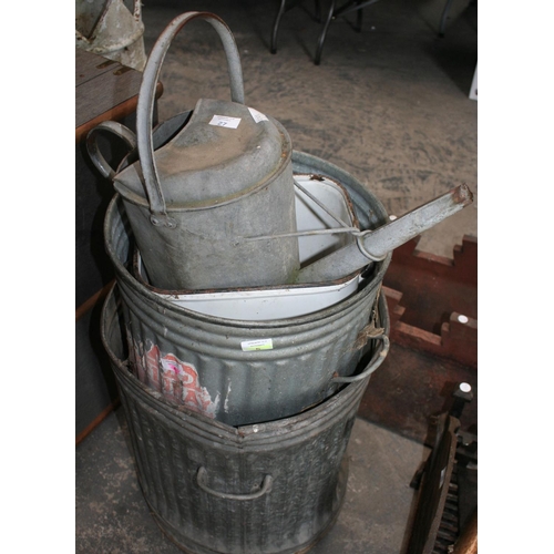 27 - AN ENAMEL BIN, 2 GALVANISED BINS & A GALVANISED WATERING CAN