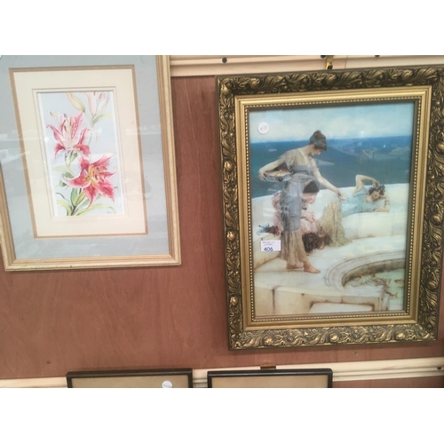 406 - A WATERCOLOUR OF LILIES SIGNED ENID MORRIS AND A PRINT OF THREE LADIES