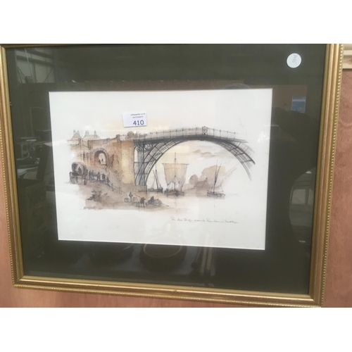 410 - THREE ITEMS - A PRINT OF THE IRON BRIDGE ACROSS THE SEVERN, A SIGNED LIMITED EDITION 34/850 PRINT 'K... 