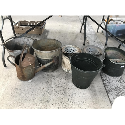 54 - SEVEN VINTAGE GALVANISED ITEMS - THREE BUCKETS, THREE MOP BUCKETS & A WATERING CAN