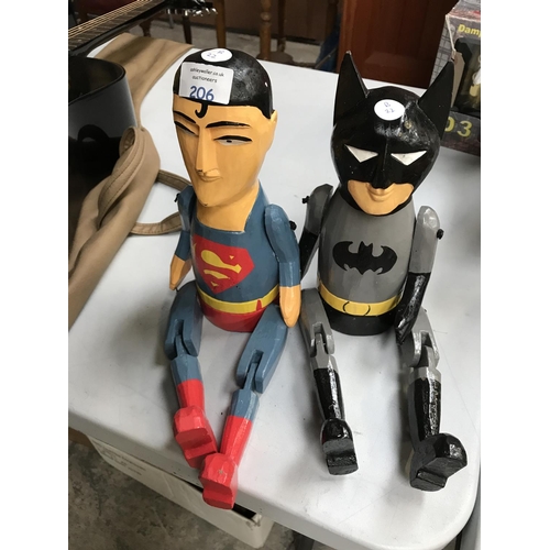 206 - A PAIR OF SUPERMAN AND BATMAN WOODEN SHELF SEATED MODELS