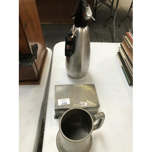 255 - A VINTAGE CHROME SODA SYPHON, ENGLISH PEWTER RECTANGULAR CIGARETTE BOX AND PEWTER TANKARD