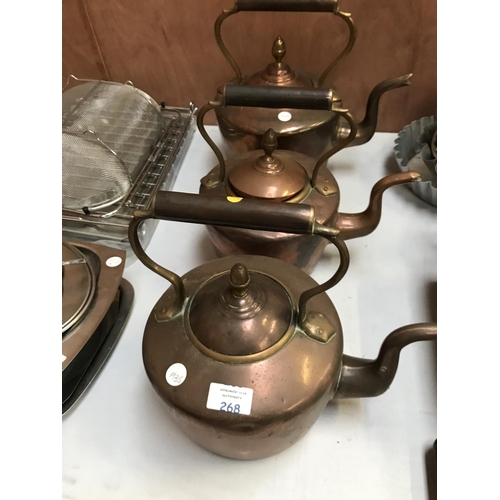 268 - THREE VINTAGE COPPER KETTLES