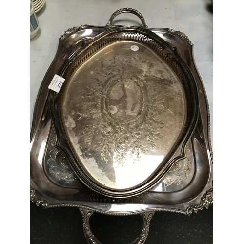 271 - A VINERS OF SHEFFIELD RECTANGULAR SILVER PLATED TWIN HANDLED DRINKS TRAY AND A FURTHER OVAL SHAPED S... 