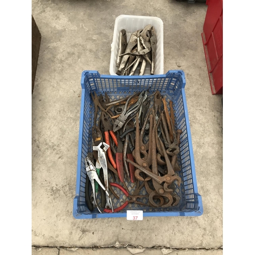 37 - TWO BOXES CONTAINING MOLE GRIPS, PLIERS, PINCERS ETC