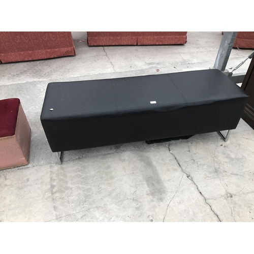 611 - A BLACK LEATHERETTE BENCH SEAT ON CHROME SUPPORTS