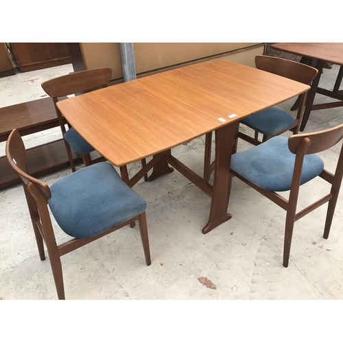 619 - A RETRO TEAK DROP LEAF DINING TABLE AND FOUR CHAIRS