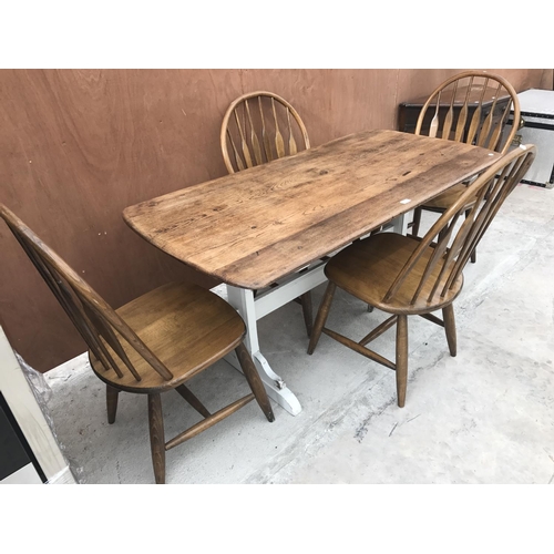 626 - AN ERCOL OAK DINING TABLE AND FOUR SPINDLE BACK DINING CHAIRS