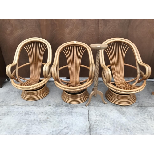 632 - THREE BAMBOO CONSERVATORY CHAIRS AND A BEECH WOOD TORCHERE