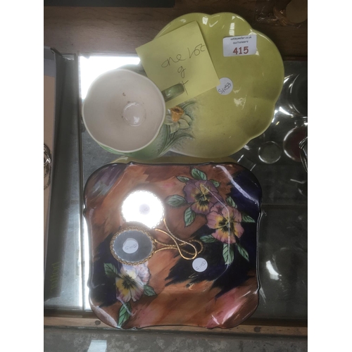 415 - A 'BESWICK' CERAMIC CUP AND PLATE, TWO DECORATIVE HAND MIRRORS AND A 'H&K' TUNSTALL VIOLA PATTERN BO... 