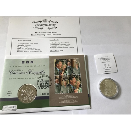 352 - TWO SILVER COINS WITH CERTIFICATES - A USA 2005 TITANIC ONE DOLLAR AND A UK 2005 CHARLES AND CAMILLA... 