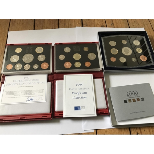 353 - THREE ROYAL MINT UK PROOF YEAR SETS IN PRESENTATION CASES - 2000 AND 1997 10 COIN (1P - £5) AND 1995... 