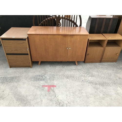 549 - A TEAK FOLD OUT DESK, A TEAK BEDSIDE CABINET AND A TEAK EFFECT TWO DRAWER FILING CABINET