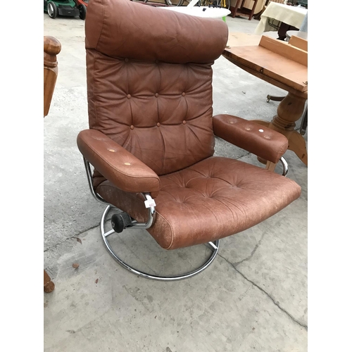 603 - A VINTAGE EKORNESS ARMCHAIR WITH TUBULAR CHROME BASE AND BROWN LEATHER UPHOLSTRY