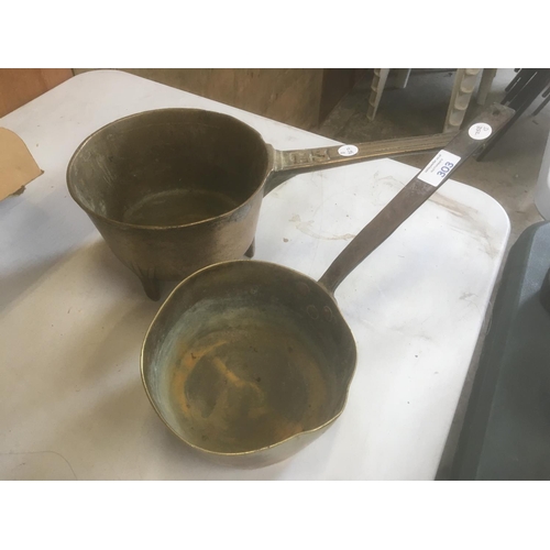 303 - TWO EARLY BRASS SAUCEPANS