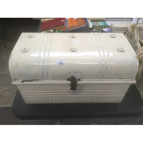 306 - A WHITE PAINTED METAL TRAVELLING TRUNK