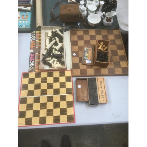 308 - THREE VARIOUS CHESS SETS, TWO DOMINO SETS AND TWO CHESSBOARDS ETC