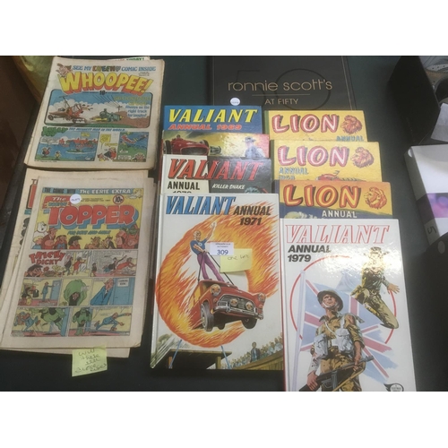 309 - VARIOUS 'VALIANT' AND 'LION' CHILDRENS ANNUALS TOGETHER WITH VARIOUS 1980'S BEANO AND WHOPPER MAGAZI... 