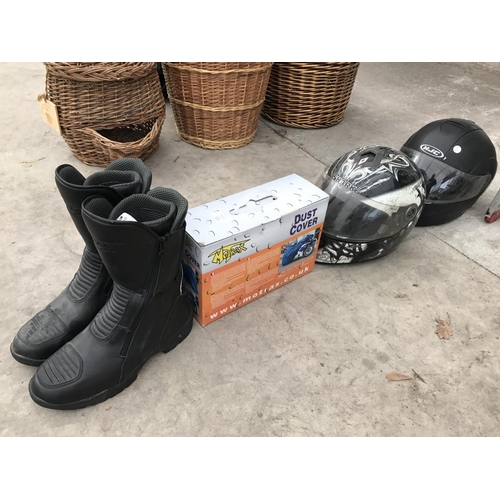 11 - TWO MOTORCYCLE HELMETS (A SHARK AND AN NJC), A PAIR OF AS NEW SPADA MOTORCYCLE BOOTS SIZE 47 EOO AND... 