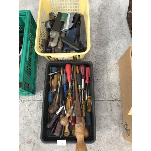 16 - TWO BOXES CONTAINING SCREWDRIVERS, PIPE CUTTERS ETC