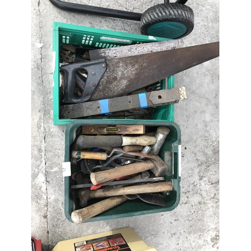 21 - TWO BOXES CONTAINING HAMMERS, PLIERS, SAWS ETC