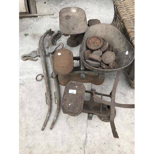 25 - THREE SETS OF VINTAGE SCALES AND WEIGHTS AND A SET OF HORSE HAMES