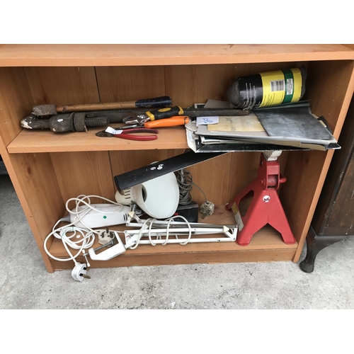 31 - TOOLS ETC - AN ANGLE POISE LAMP, LARGE STILSONS, AXE, AXLE STANDS ETC