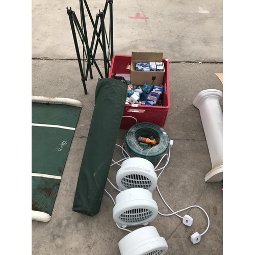 33 - THREE AS NEW BIONAIR FAN HEATERS, A FOLDING CAMPING TABLE, A NEW GARDEN HOSE AND FITTINGS AND A LARG... 